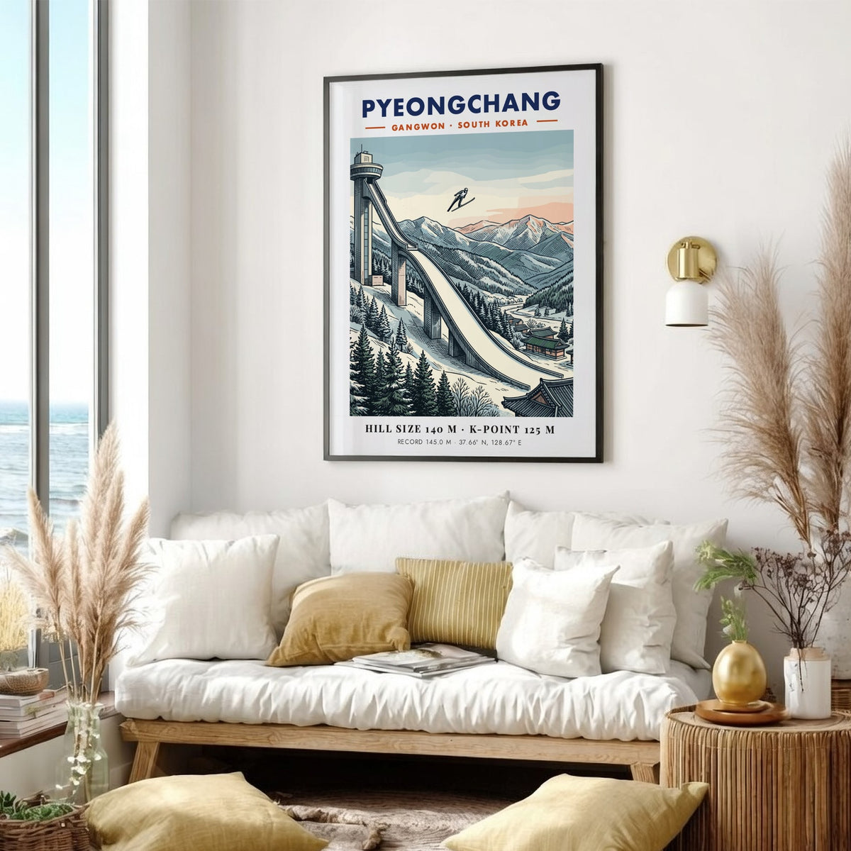Poster featuring a Pyeongchang ski jumping ramp, snowy mountains, and traditional Korean architecture.