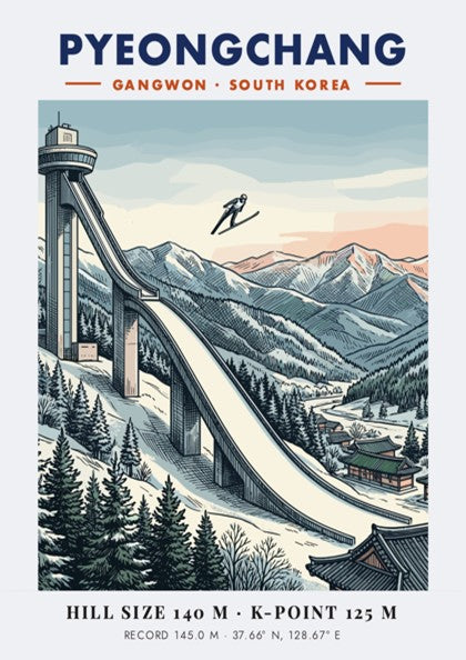 Poster featuring a Pyeongchang ski jumping ramp, snowy mountains, and traditional Korean architecture.