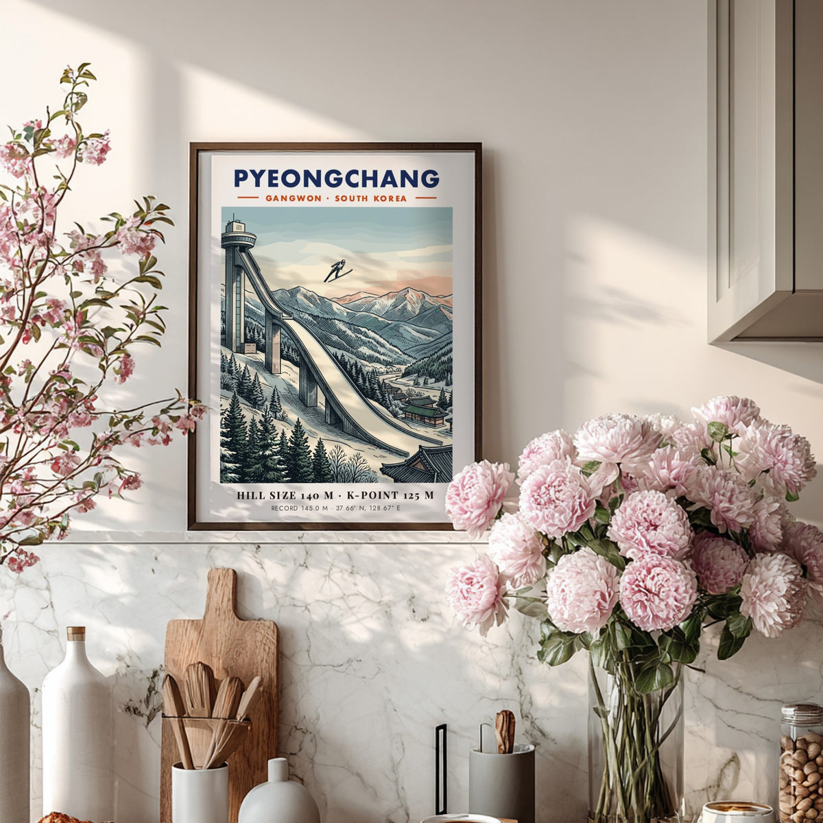 Poster featuring a Pyeongchang ski jumping ramp, snowy mountains, and traditional Korean architecture.