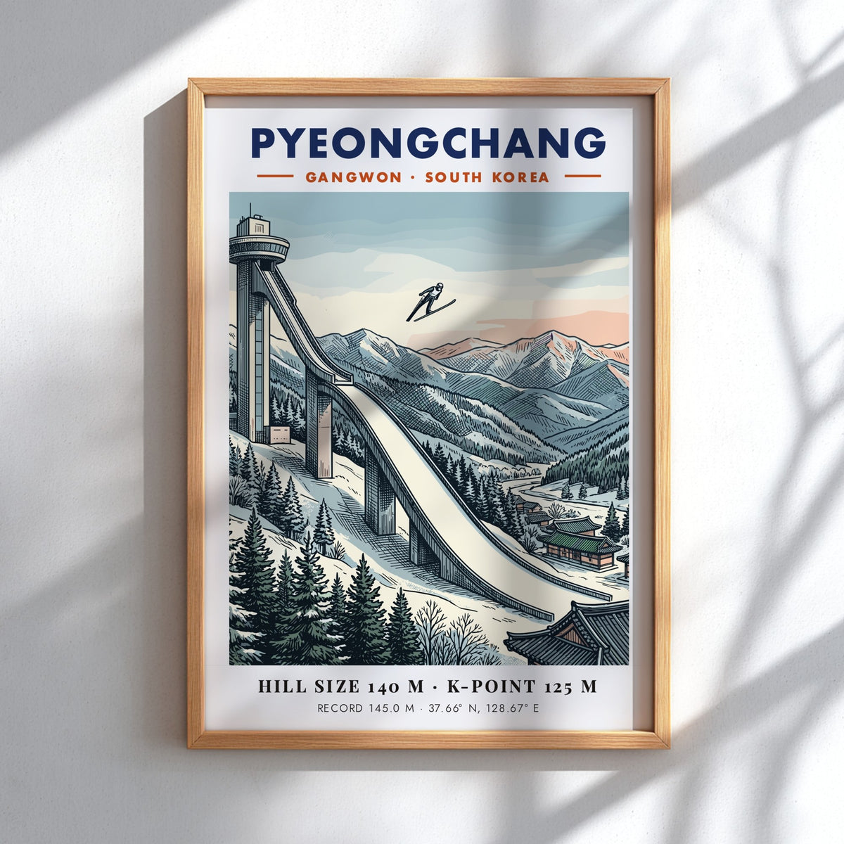 Poster featuring a Pyeongchang ski jumping ramp, snowy mountains, and traditional Korean architecture.