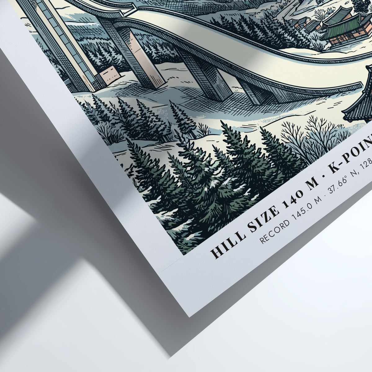 Poster featuring a Pyeongchang ski jumping ramp, snowy mountains, and traditional Korean architecture.