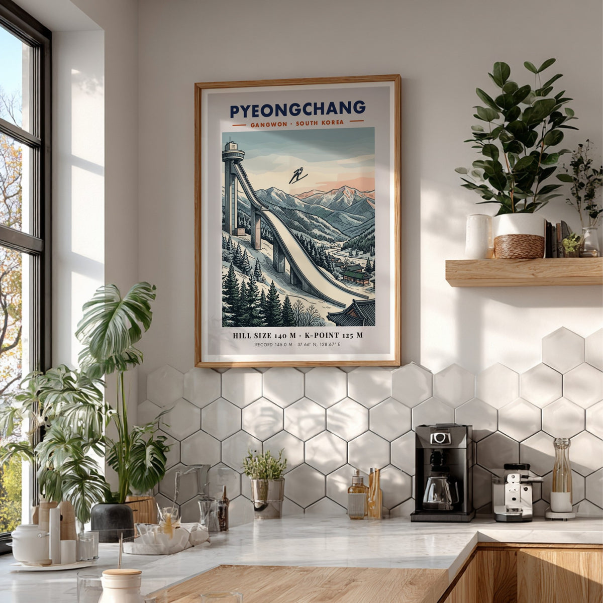 Poster featuring a Pyeongchang ski jumping ramp, snowy mountains, and traditional Korean architecture.