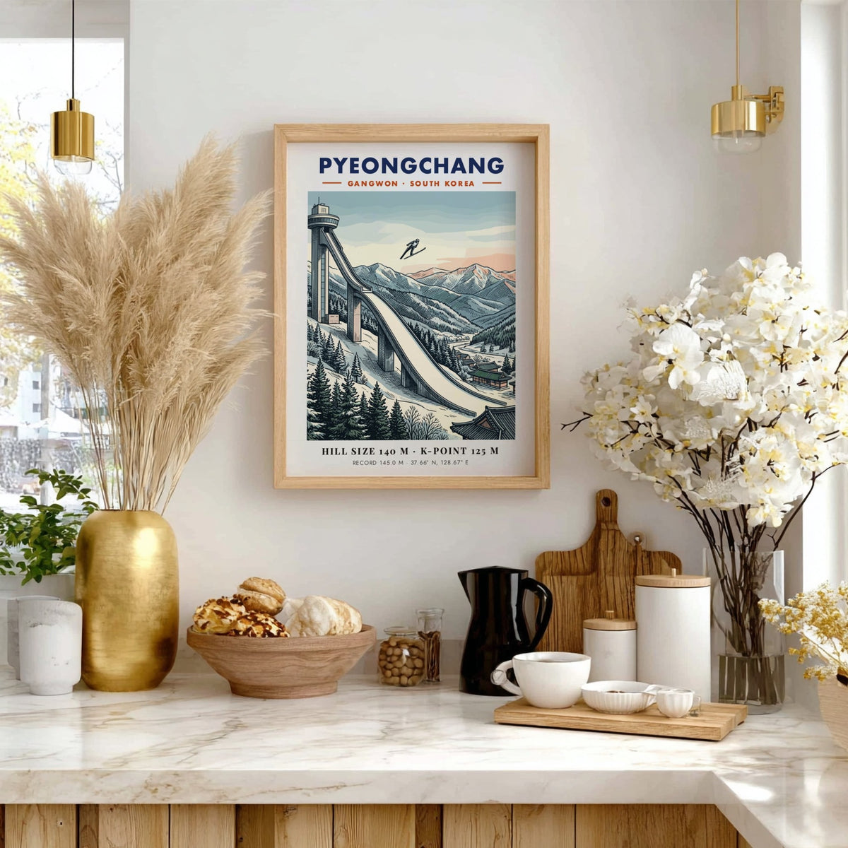 Poster featuring a Pyeongchang ski jumping ramp, snowy mountains, and traditional Korean architecture.