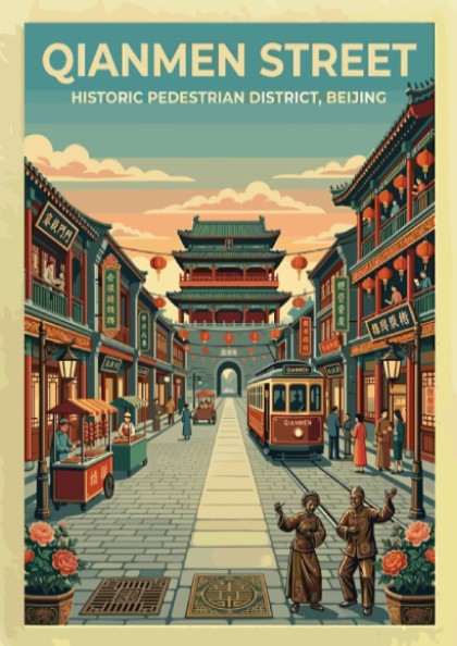 Travel poster of Qianmen Street in Beijing showcasing vintage style with warm colors and traditional