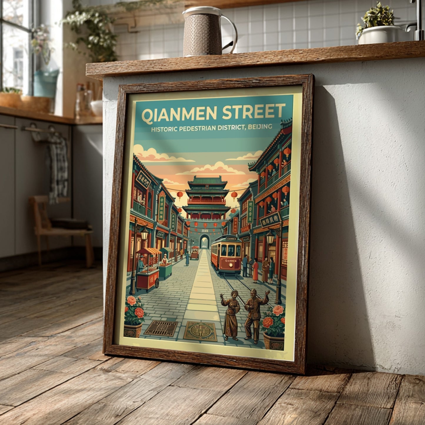 Travel poster of Qianmen Street in Beijing showcasing vintage style with warm colors and traditional