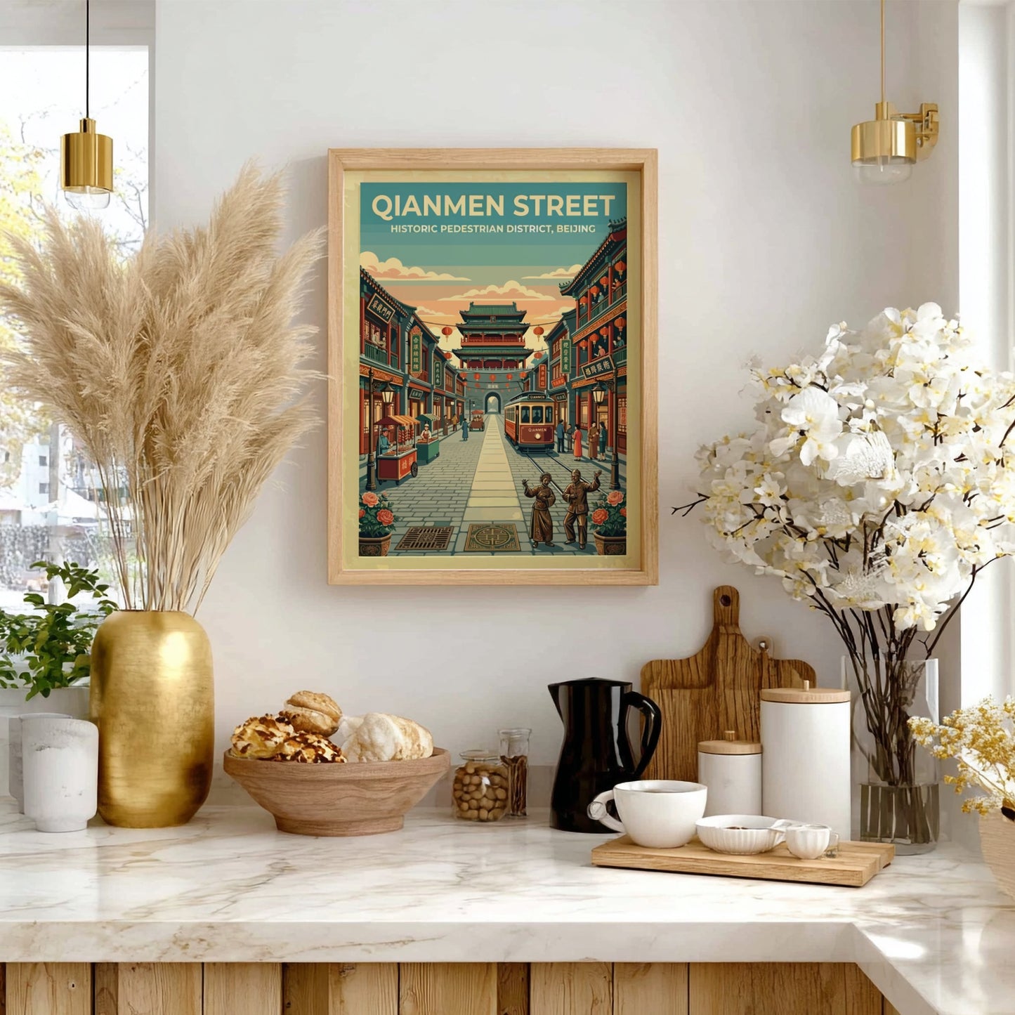 Travel poster of Qianmen Street in Beijing showcasing vintage style with warm colors and traditional