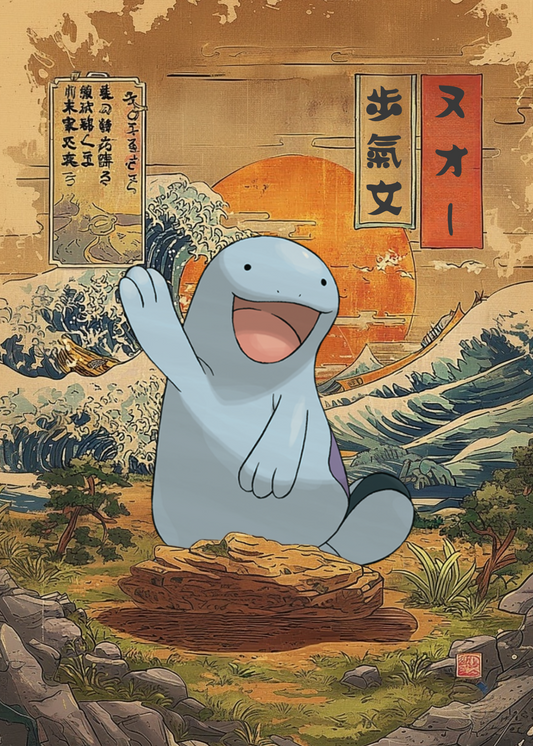 Quagsire Pokemon with a Japanese-style background featuring waves and traditional elements.