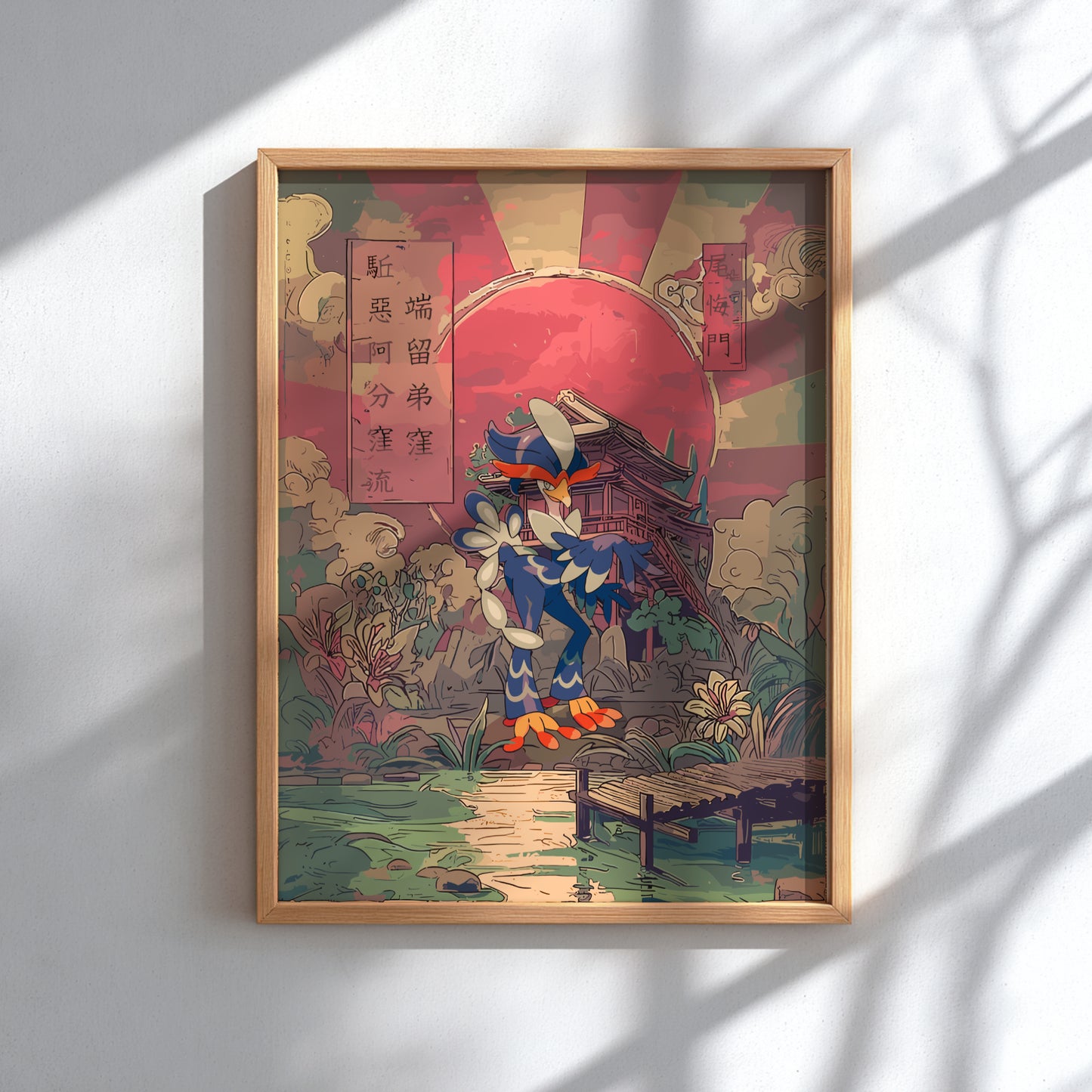 Framed artwork with a colorful design of Quaquaval Pokemon in a traditional setting on a white wall.