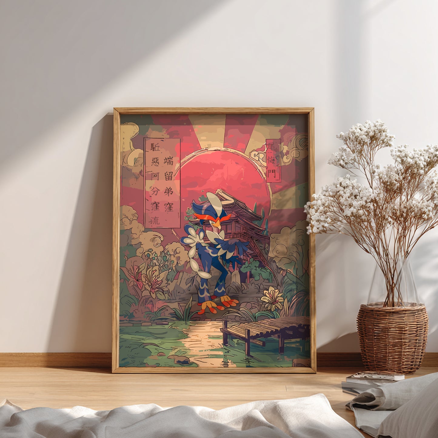 Framed artwork with a traditional design of Quaquaval Pokemon on a wall in a room with a plant and books.