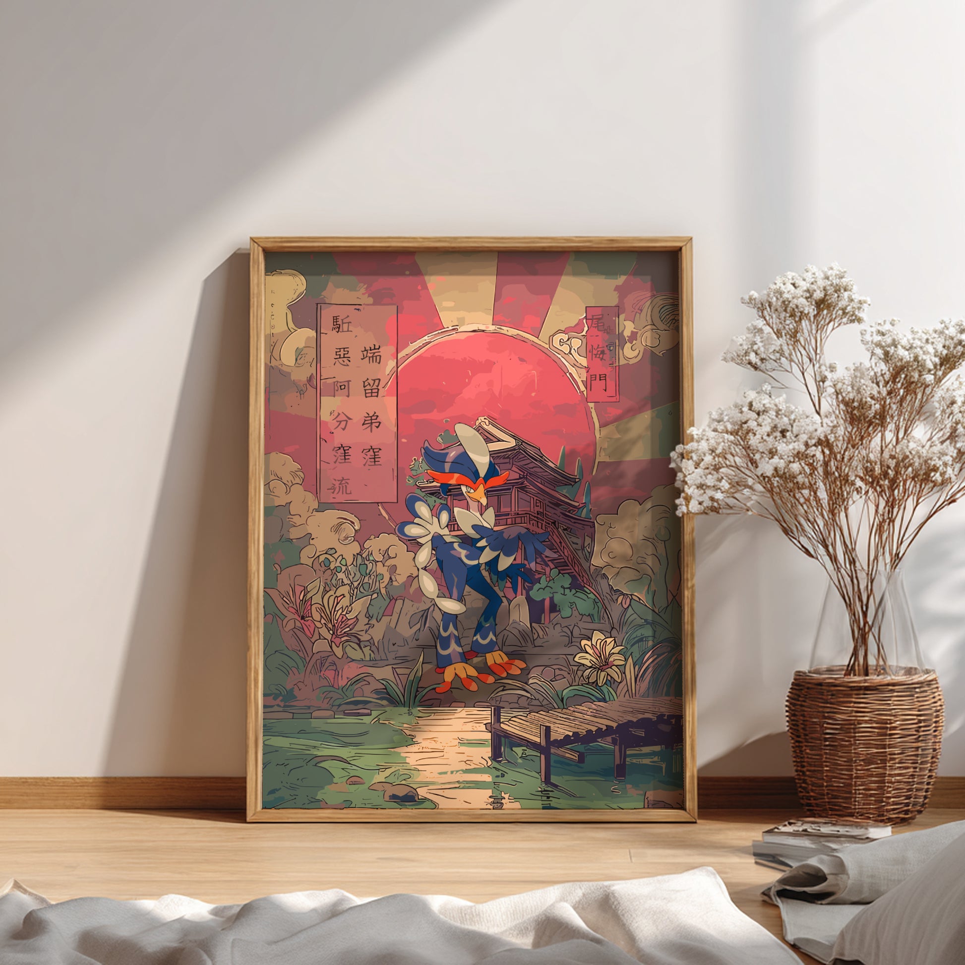 Framed artwork with a traditional design of Quaquaval Pokemon on a wall in a room with a plant and books.