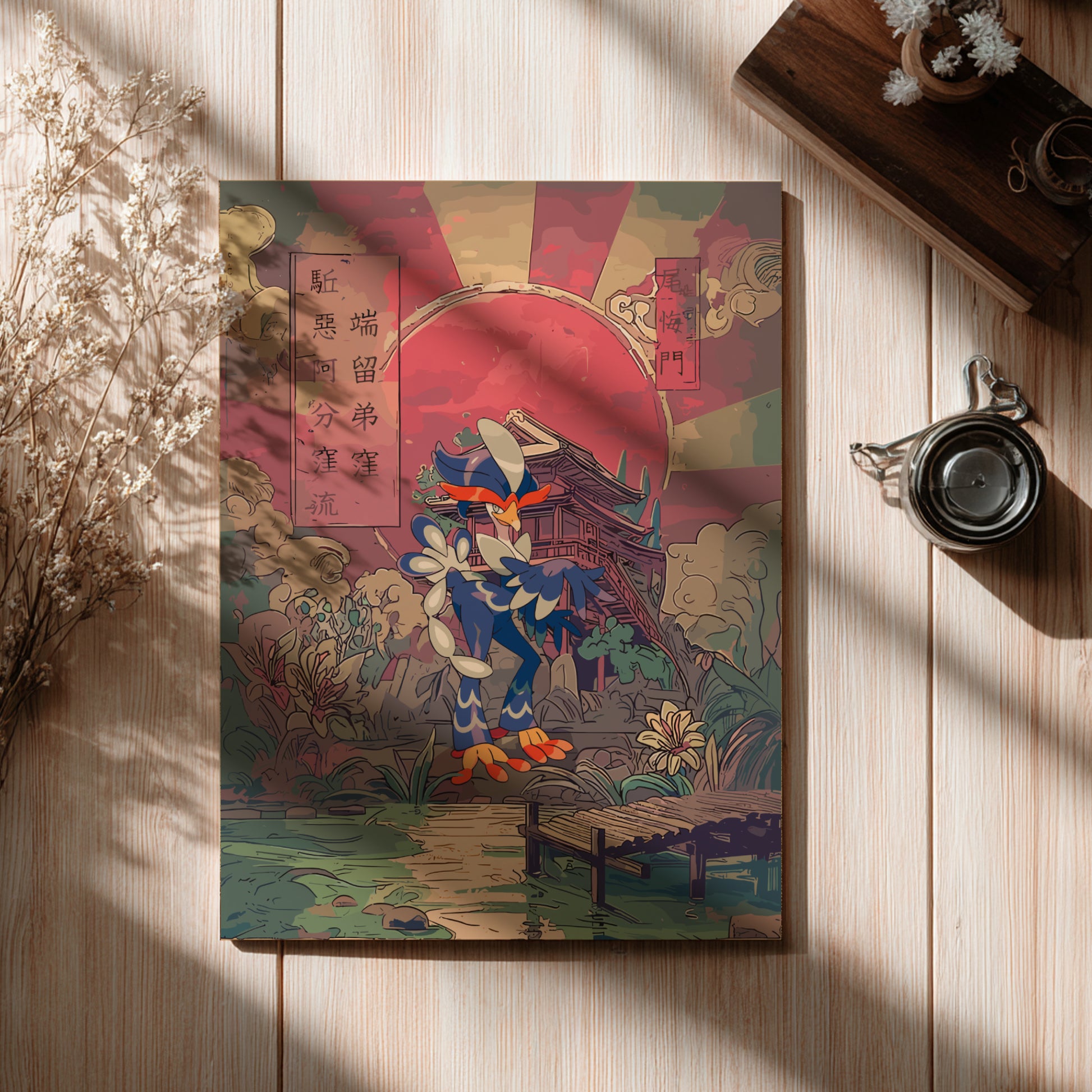 Colorful poster with a traditional design of Quaquaval Pokemon on a wooden surface