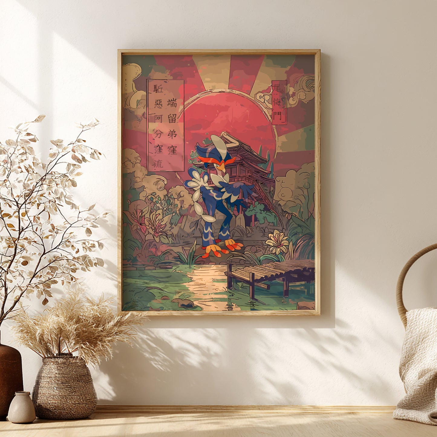 Framed traditional artwork of Quaquaval Pokemon on a wall with decorative elements