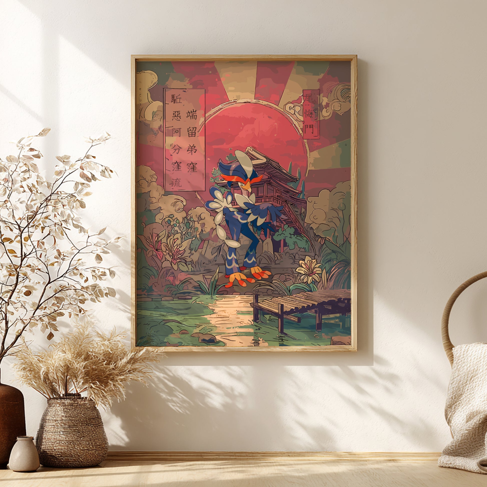 Framed traditional artwork of Quaquaval Pokemon on a wall with decorative elements