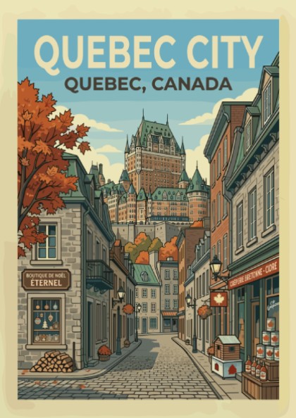 Quebec City travel poster with vintage illustration of Chateau Frontenac and cobblestone street.