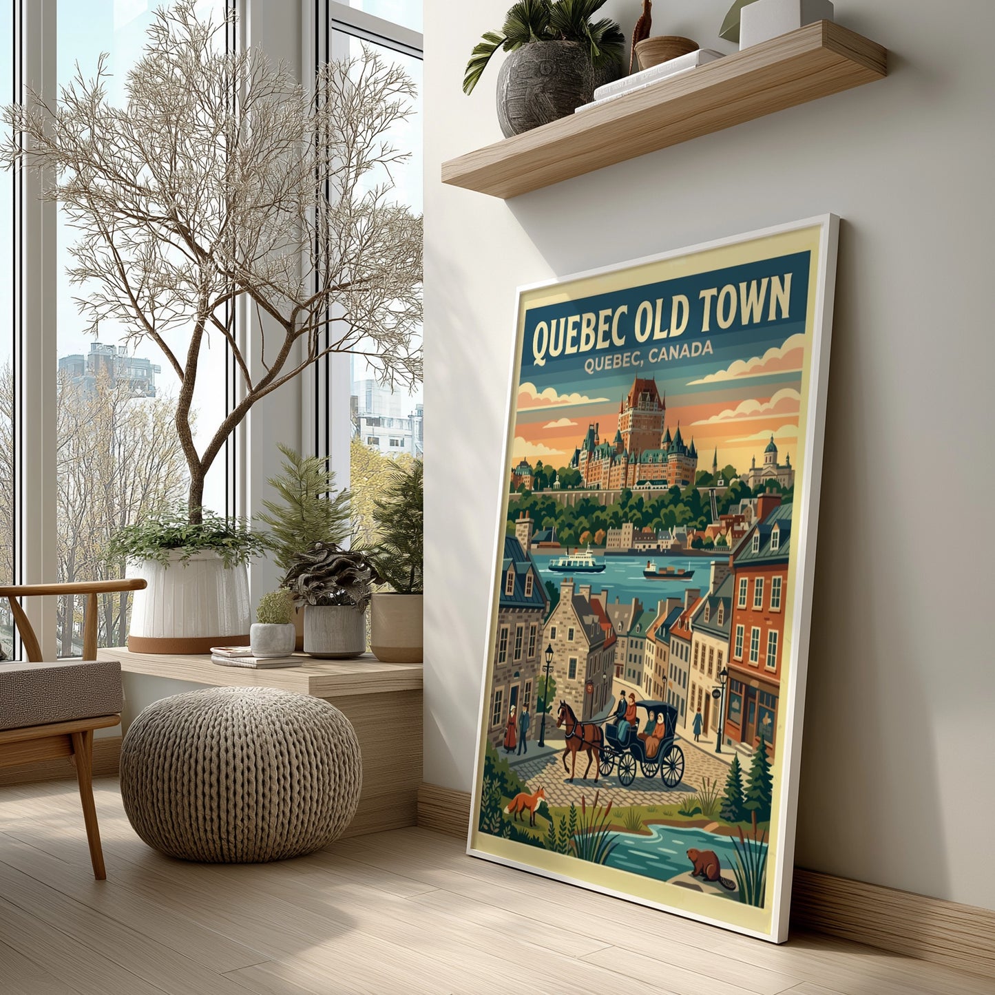 Travel poster of Quebec Old Town featuring the Chateau Frontenac and horse-drawn carriage.