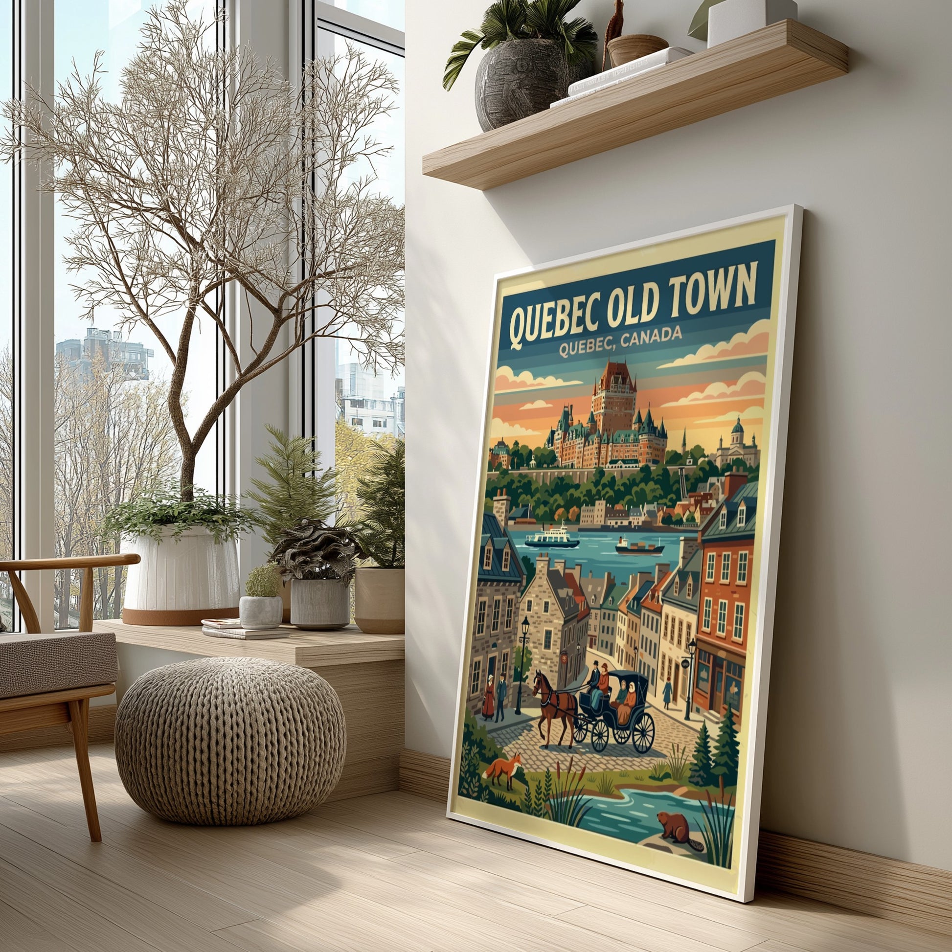 Travel poster of Quebec Old Town featuring the Chateau Frontenac and horse-drawn carriage.