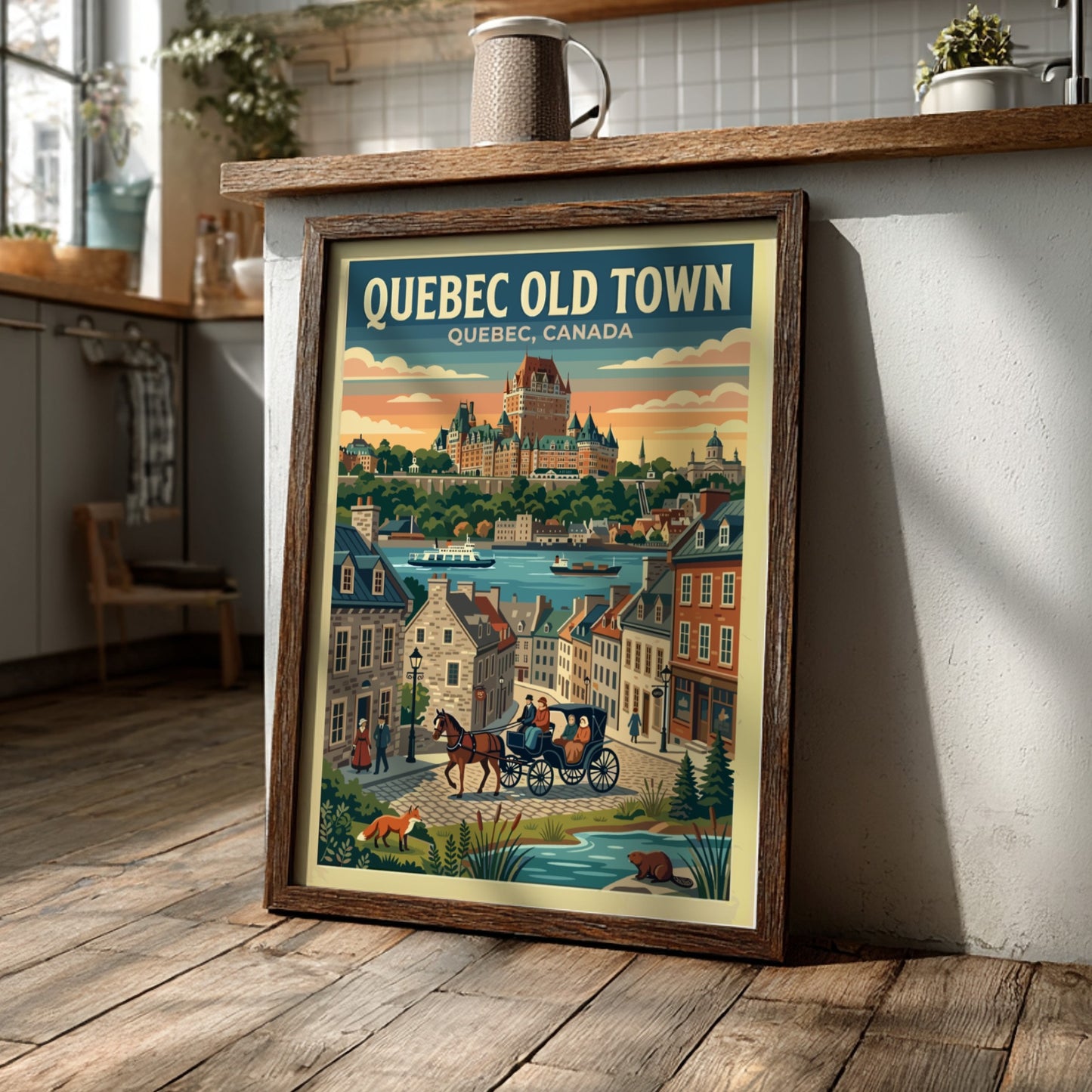 Travel poster of Quebec Old Town featuring the Chateau Frontenac and horse-drawn carriage.