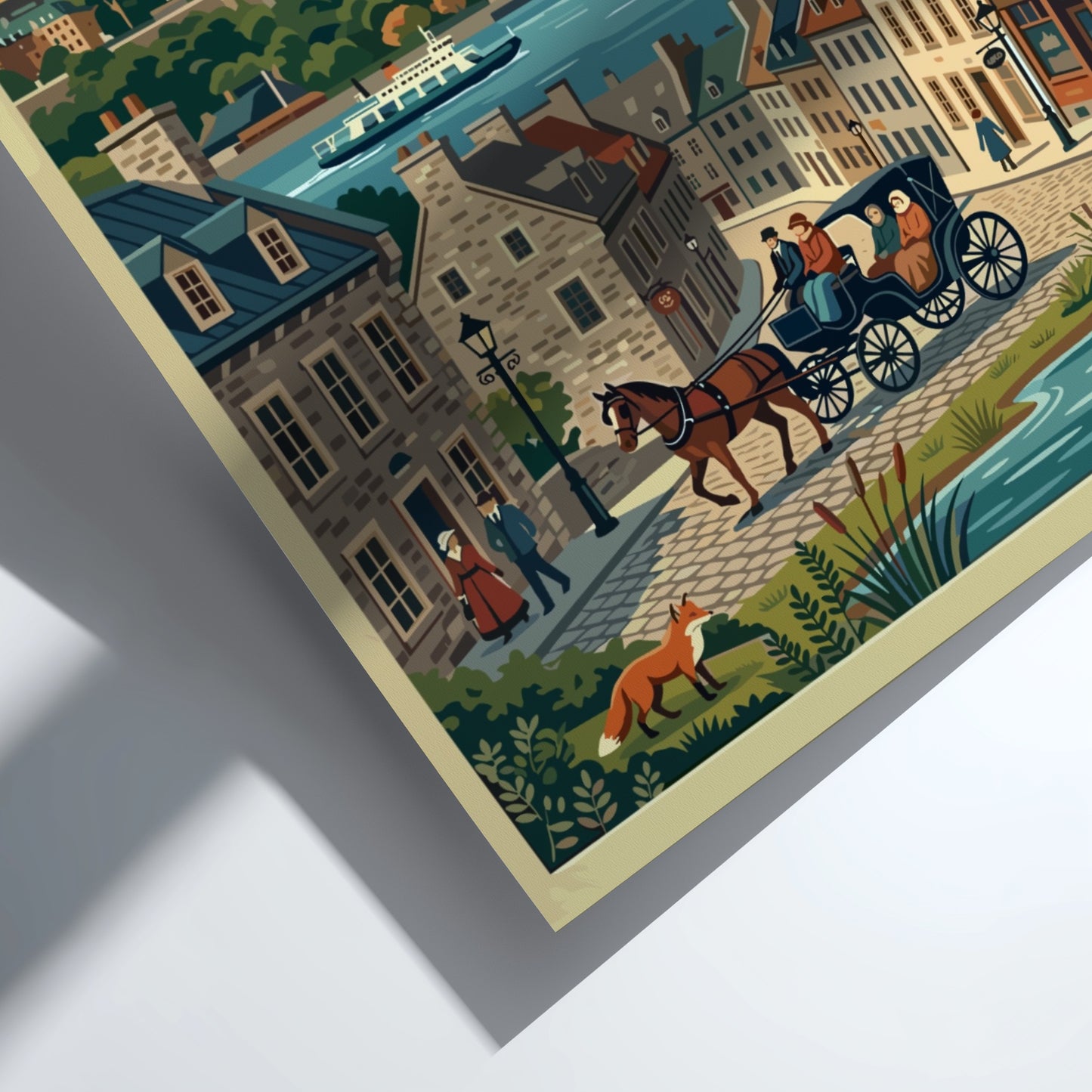 Travel poster of Quebec Old Town featuring the Chateau Frontenac and horse-drawn carriage.