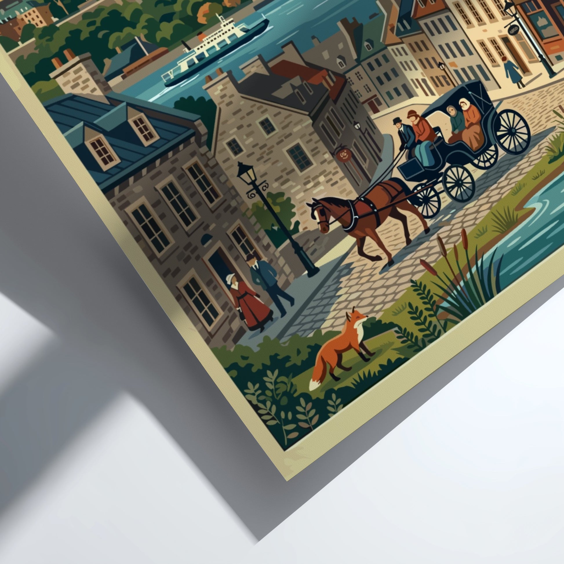 Travel poster of Quebec Old Town featuring the Chateau Frontenac and horse-drawn carriage.