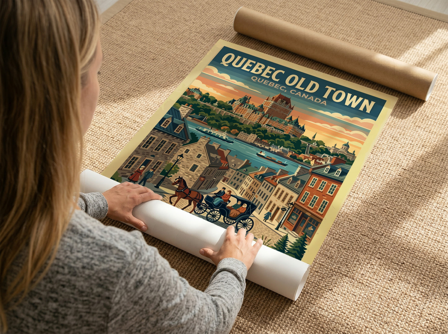 Travel poster of Quebec Old Town featuring the Chateau Frontenac and horse-drawn carriage.