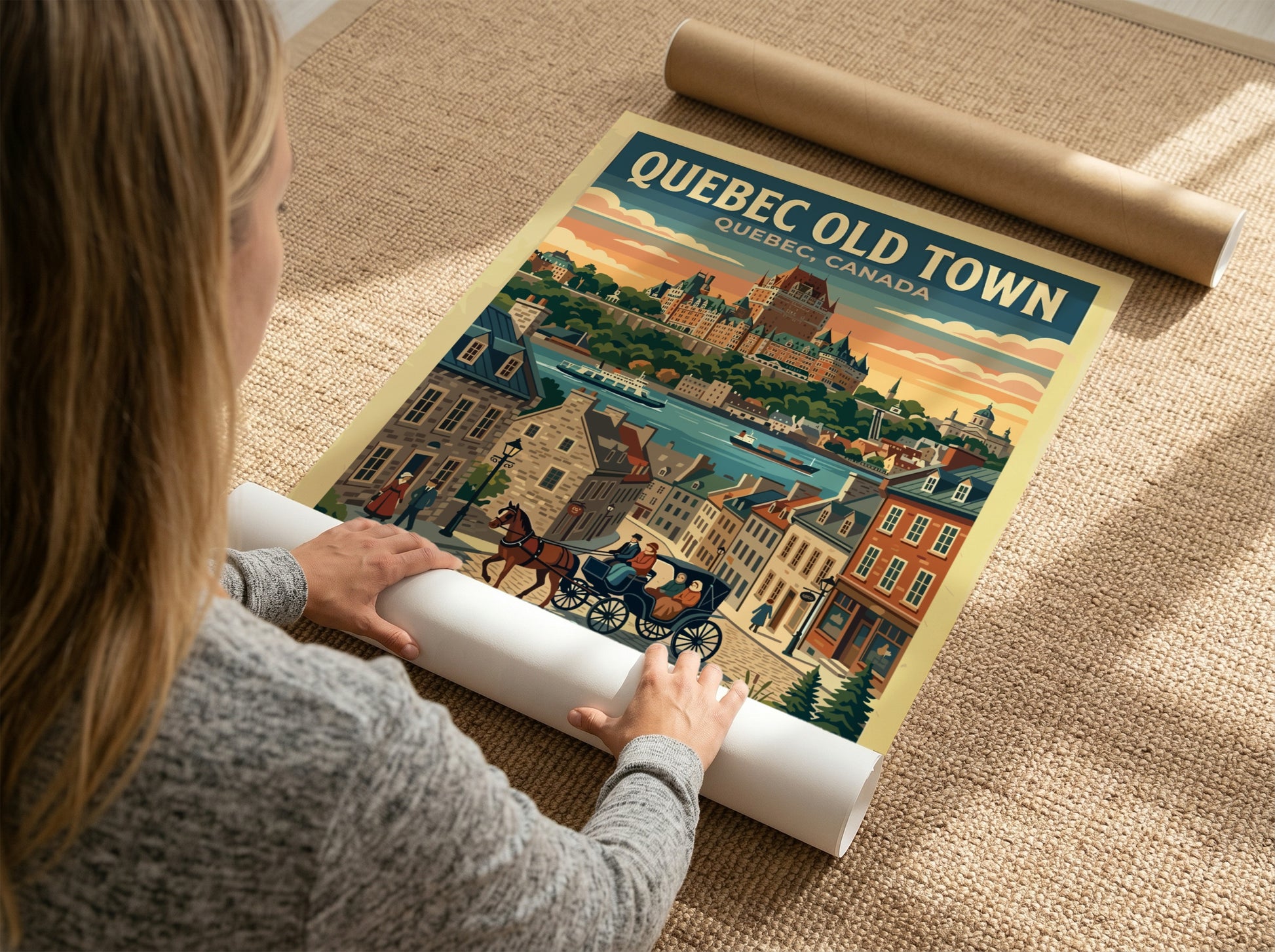 Travel poster of Quebec Old Town featuring the Chateau Frontenac and horse-drawn carriage.