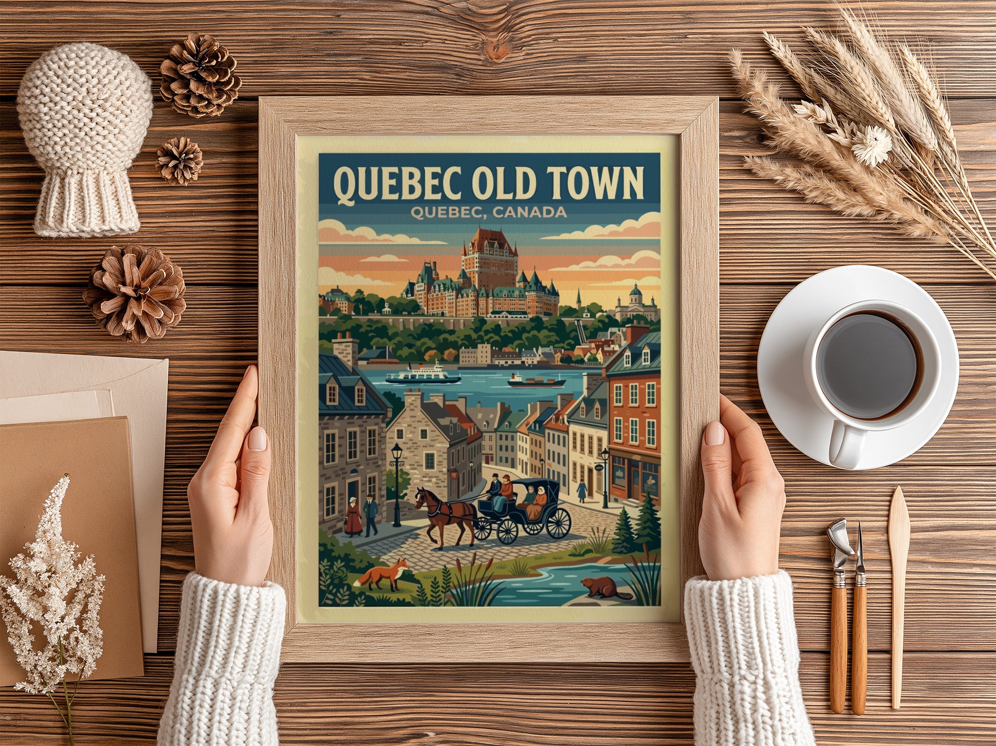 Travel poster of Quebec Old Town featuring the Chateau Frontenac and horse-drawn carriage.