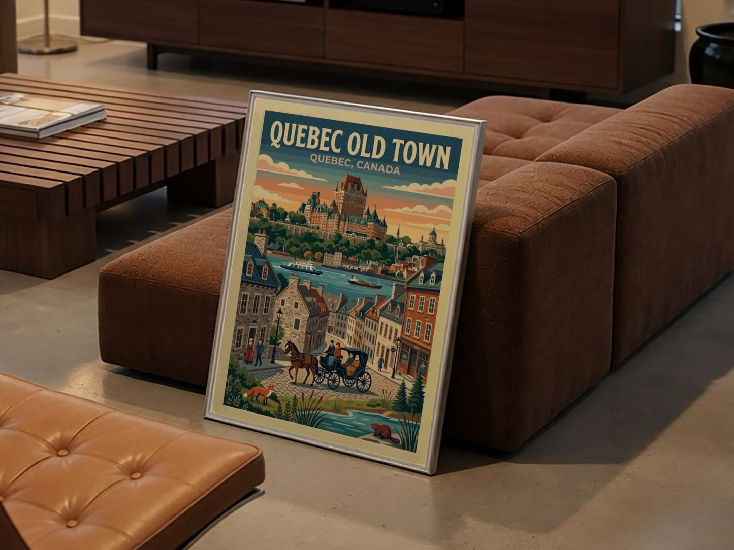 Travel poster of Quebec Old Town featuring the Chateau Frontenac and horse-drawn carriage.