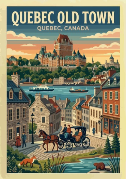 Travel poster of Quebec Old Town featuring the Chateau Frontenac and horse-drawn carriage.