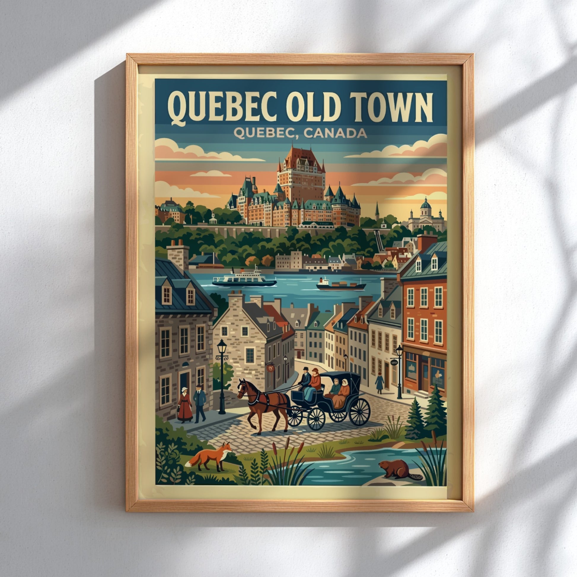Travel poster of Quebec Old Town featuring the Chateau Frontenac and horse-drawn carriage.