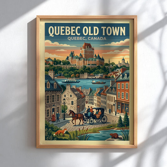 Travel poster of Quebec Old Town featuring the Chateau Frontenac and horse-drawn carriage.