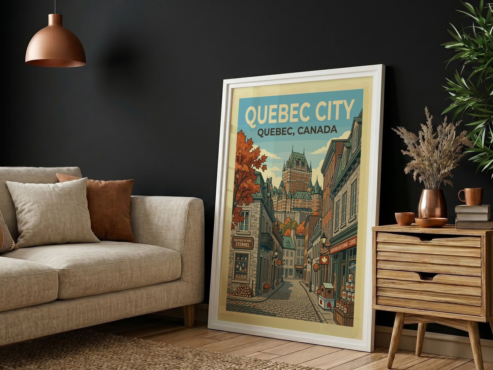 Quebec City travel poster with vintage illustration of Chateau Frontenac and cobblestone street.