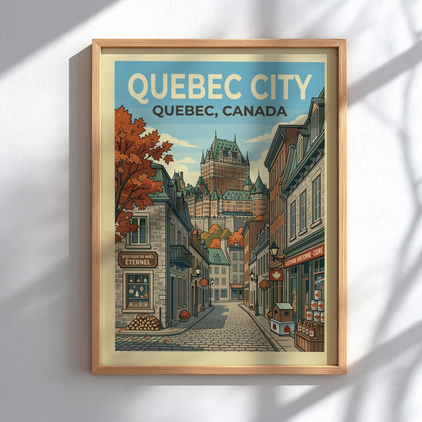 Quebec City travel poster with vintage illustration of Chateau Frontenac and cobblestone street.