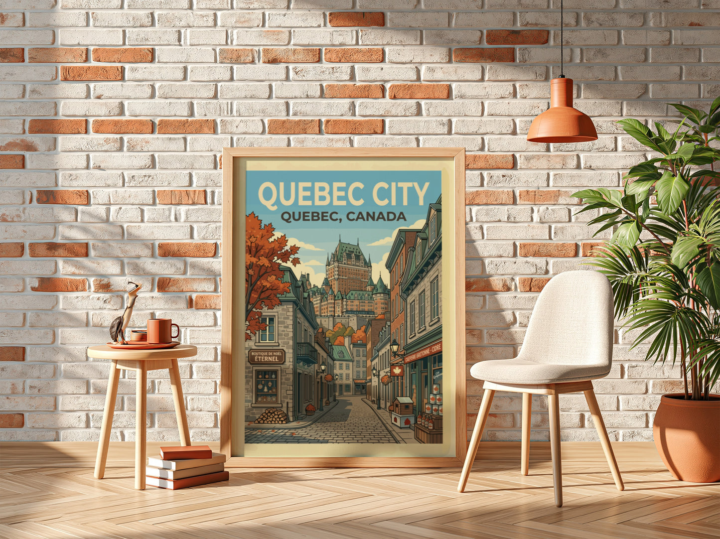 Quebec City travel poster with vintage illustration of Chateau Frontenac and cobblestone street.