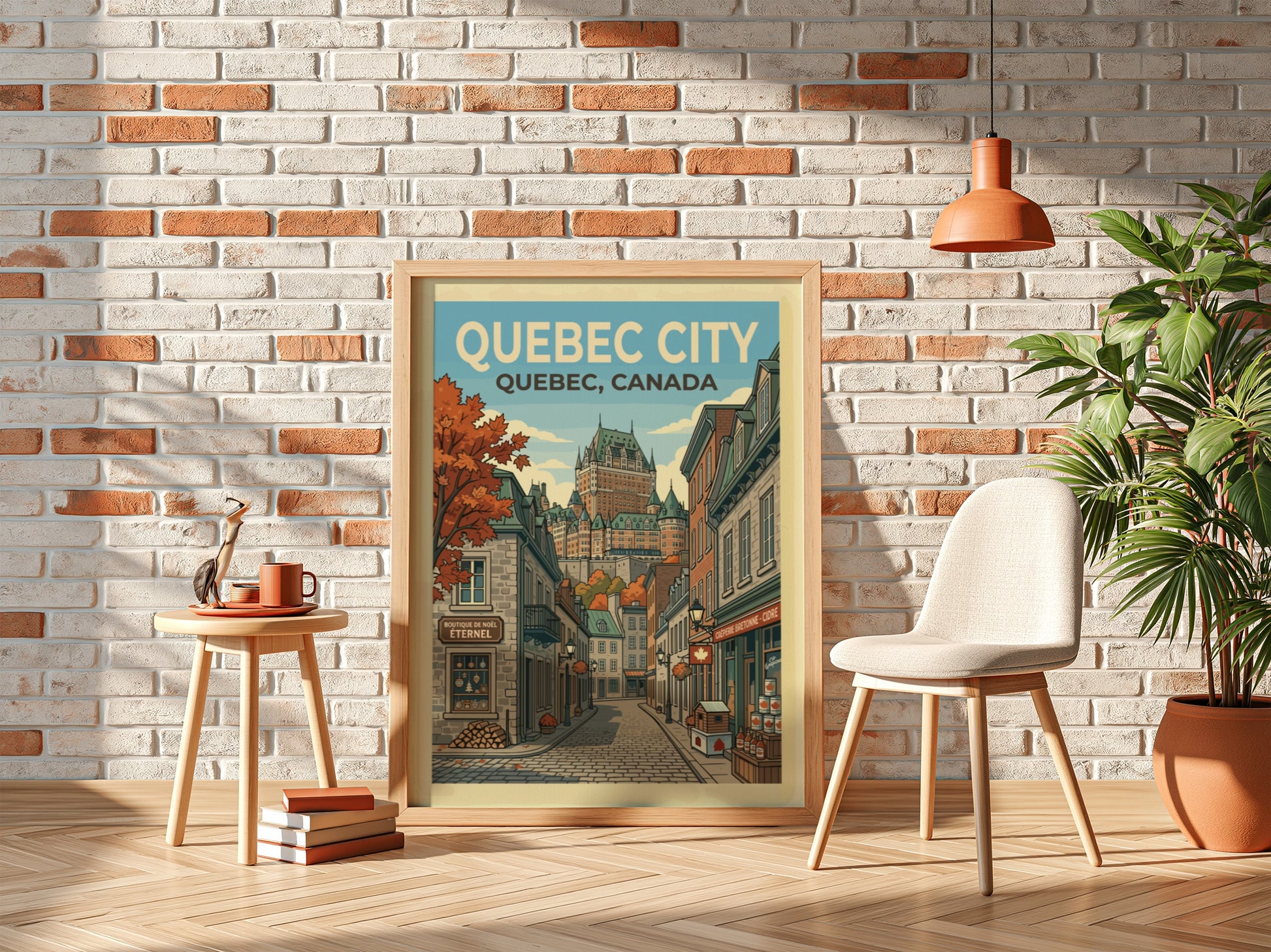 Quebec City travel poster with vintage illustration of Chateau Frontenac and cobblestone street.