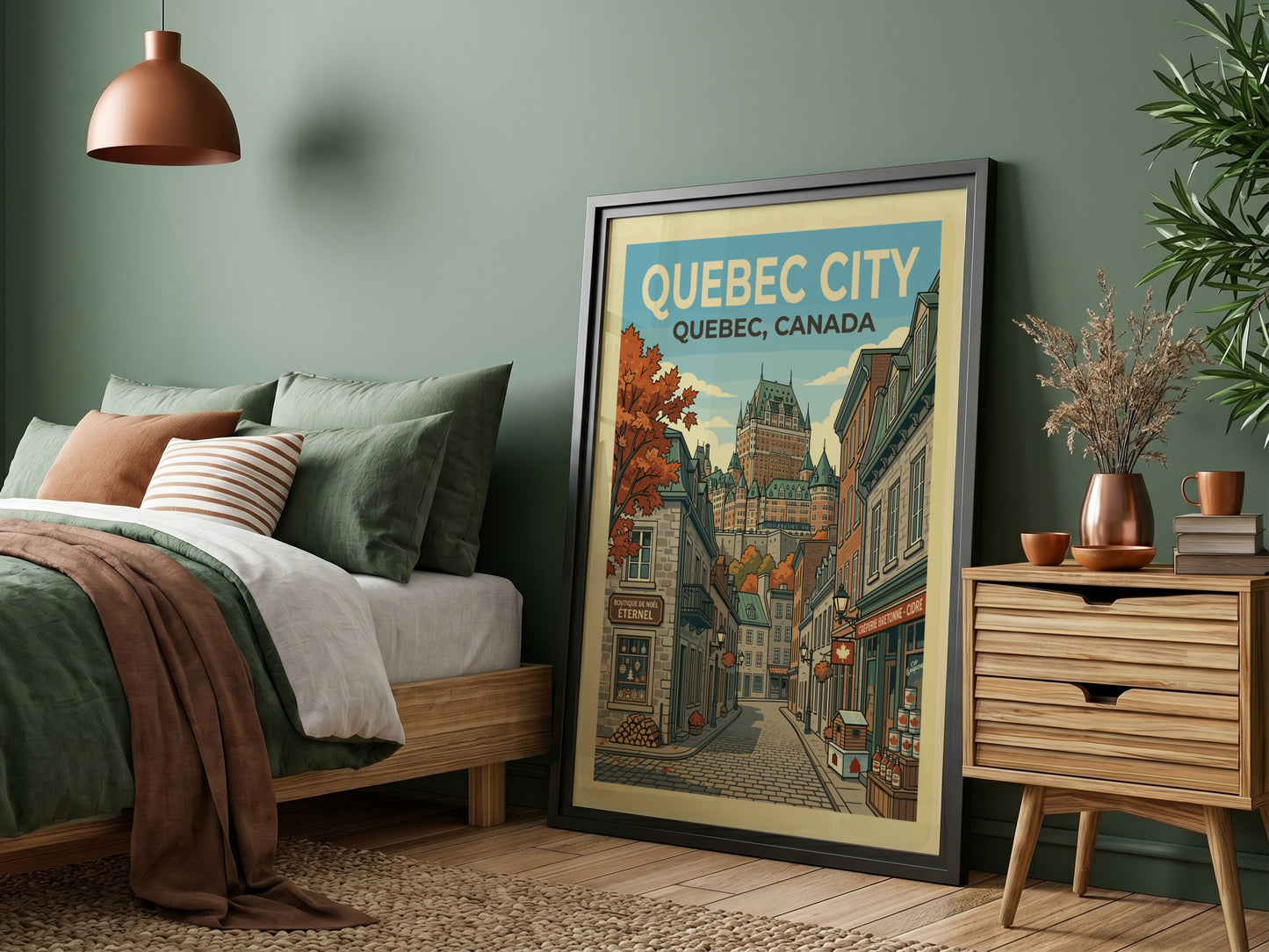 Quebec City travel poster with vintage illustration of Chateau Frontenac and cobblestone street.