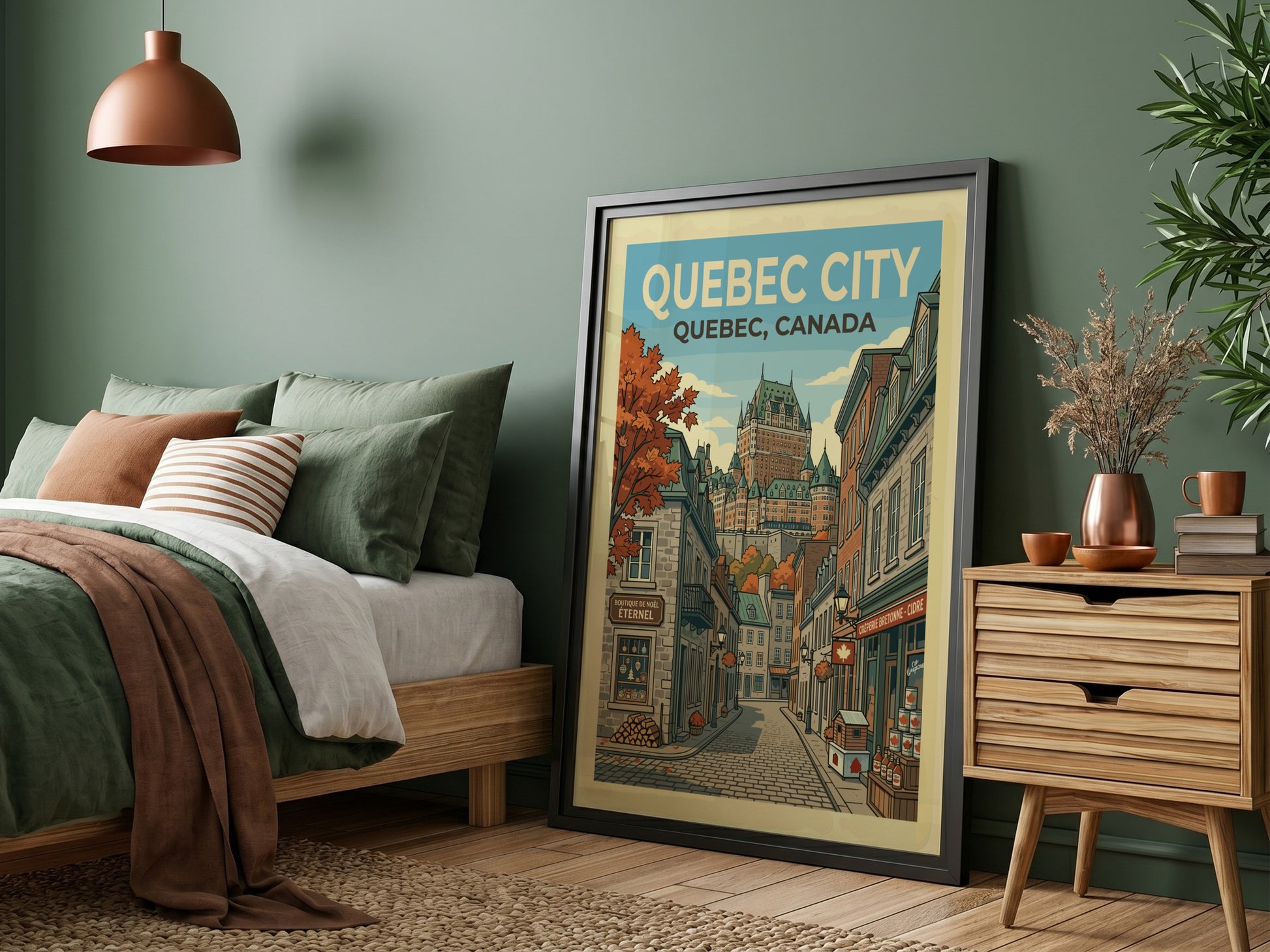Quebec City travel poster with vintage illustration of Chateau Frontenac and cobblestone street.