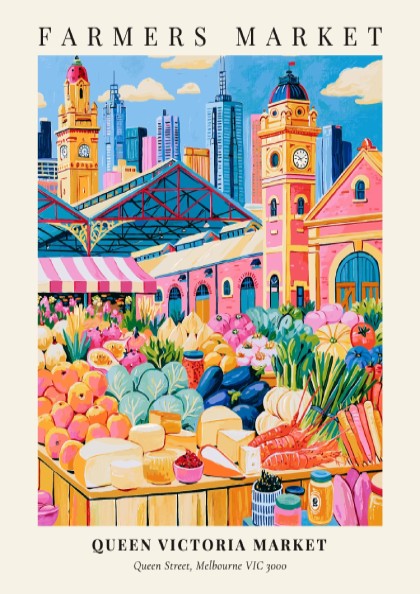 Queen Victoria Market poster featuring vibrant colors and fresh produce, ideal for kitchen decor.
