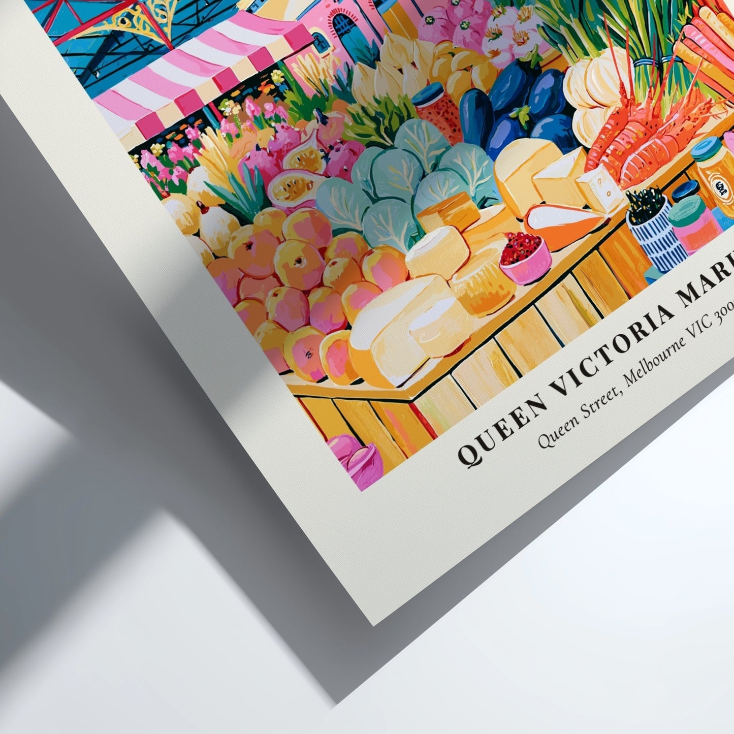 Queen Victoria Market poster featuring vibrant colors and fresh produce, ideal for kitchen decor.