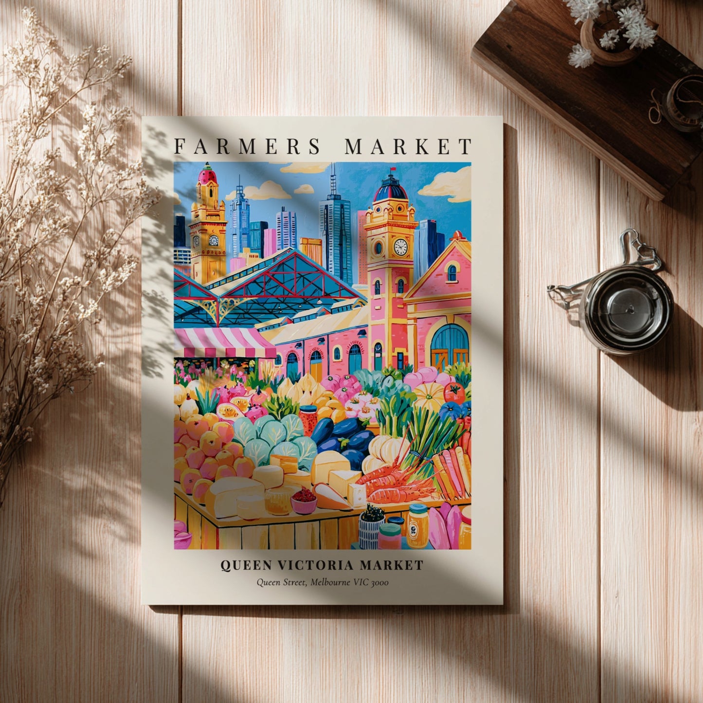 Queen Victoria Market poster featuring vibrant colors and fresh produce, ideal for kitchen decor.