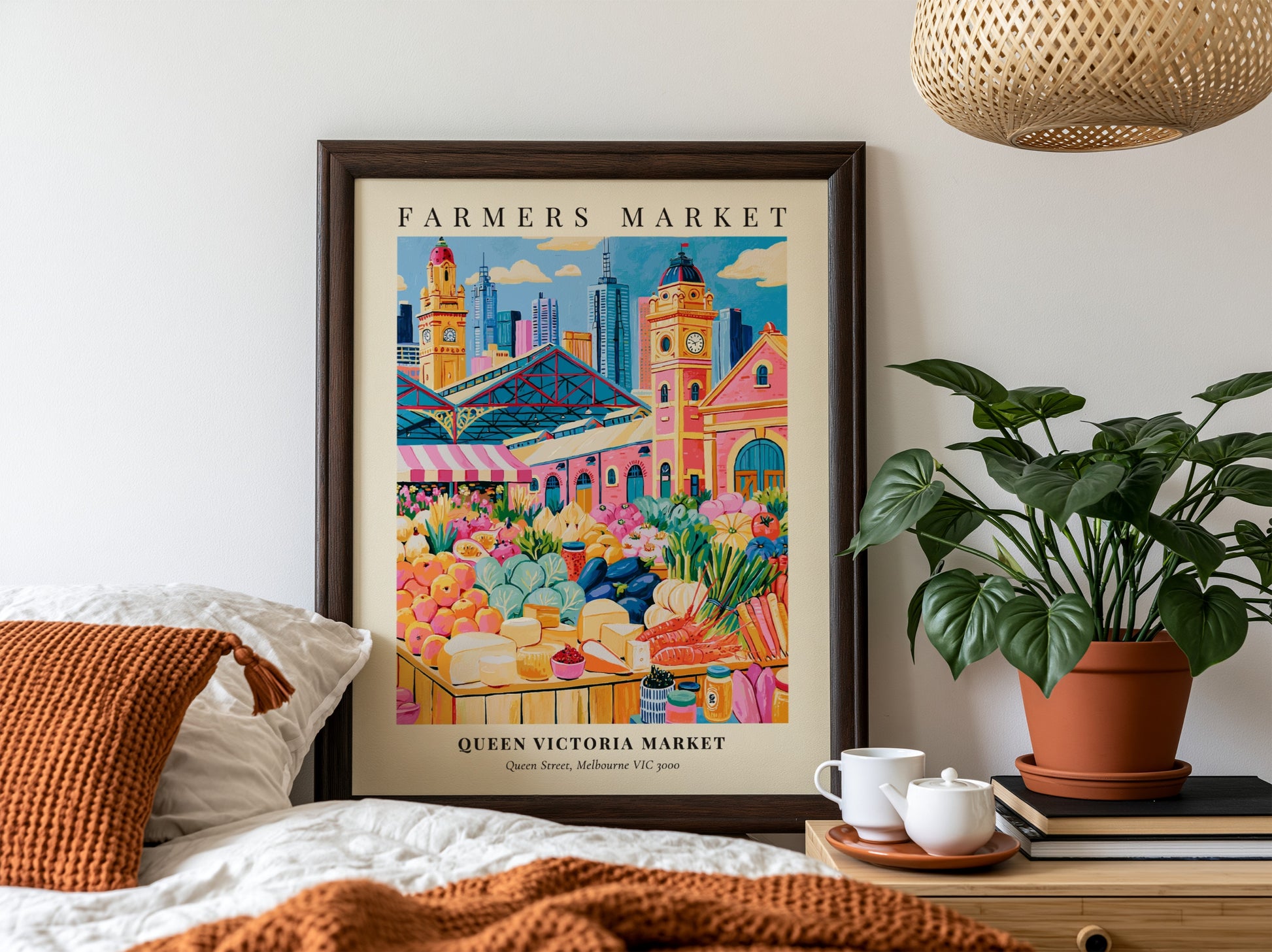 Queen Victoria Market poster featuring vibrant colors and fresh produce, ideal for kitchen decor.