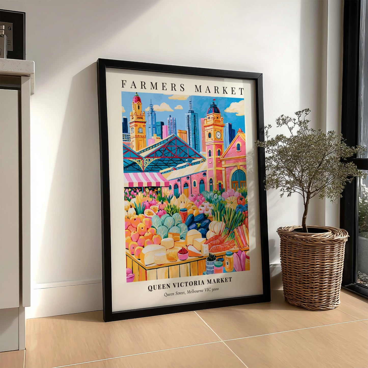 Queen Victoria Market poster featuring vibrant colors and fresh produce, ideal for kitchen decor.