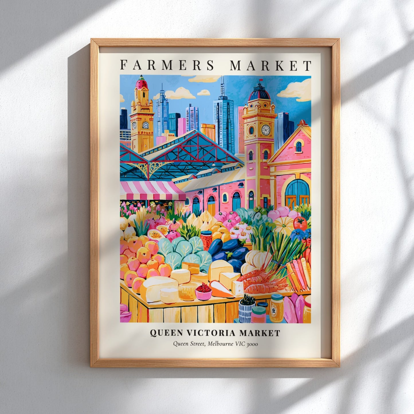 Queen Victoria Market poster featuring vibrant colors and fresh produce, ideal for kitchen decor.