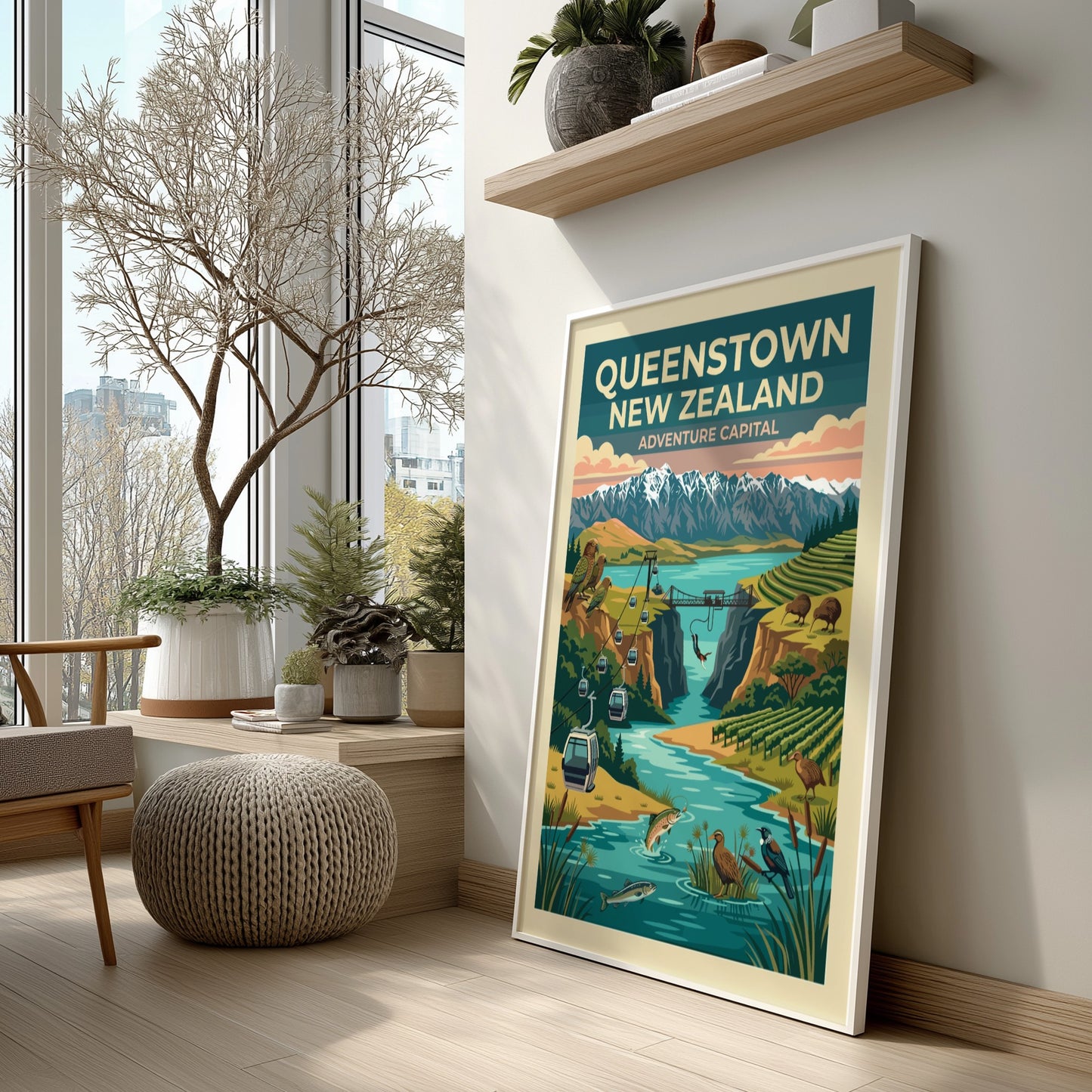 Queenstown New Zealand travel poster featuring mountains, a bungee jump, and native birds.