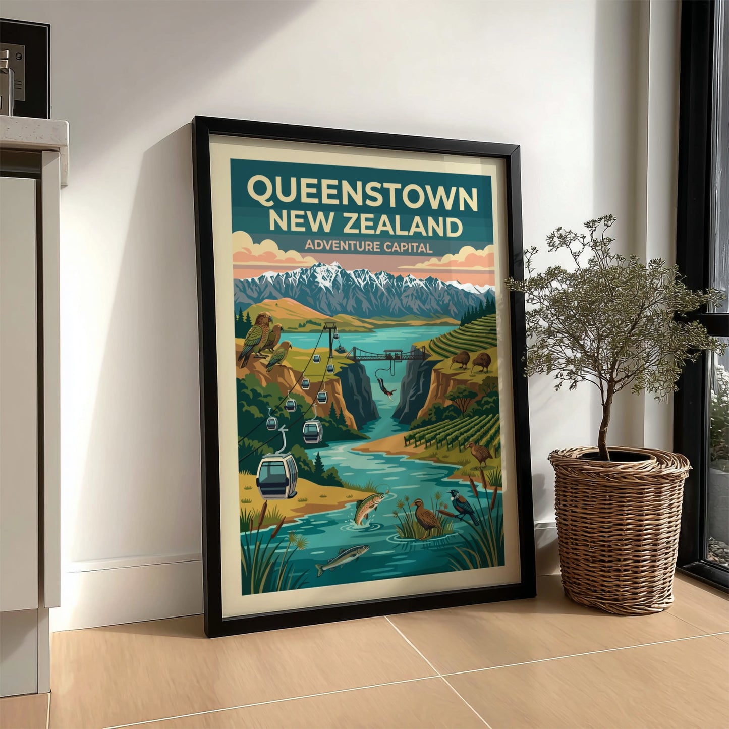 Queenstown New Zealand travel poster featuring mountains, a bungee jump, and native birds.