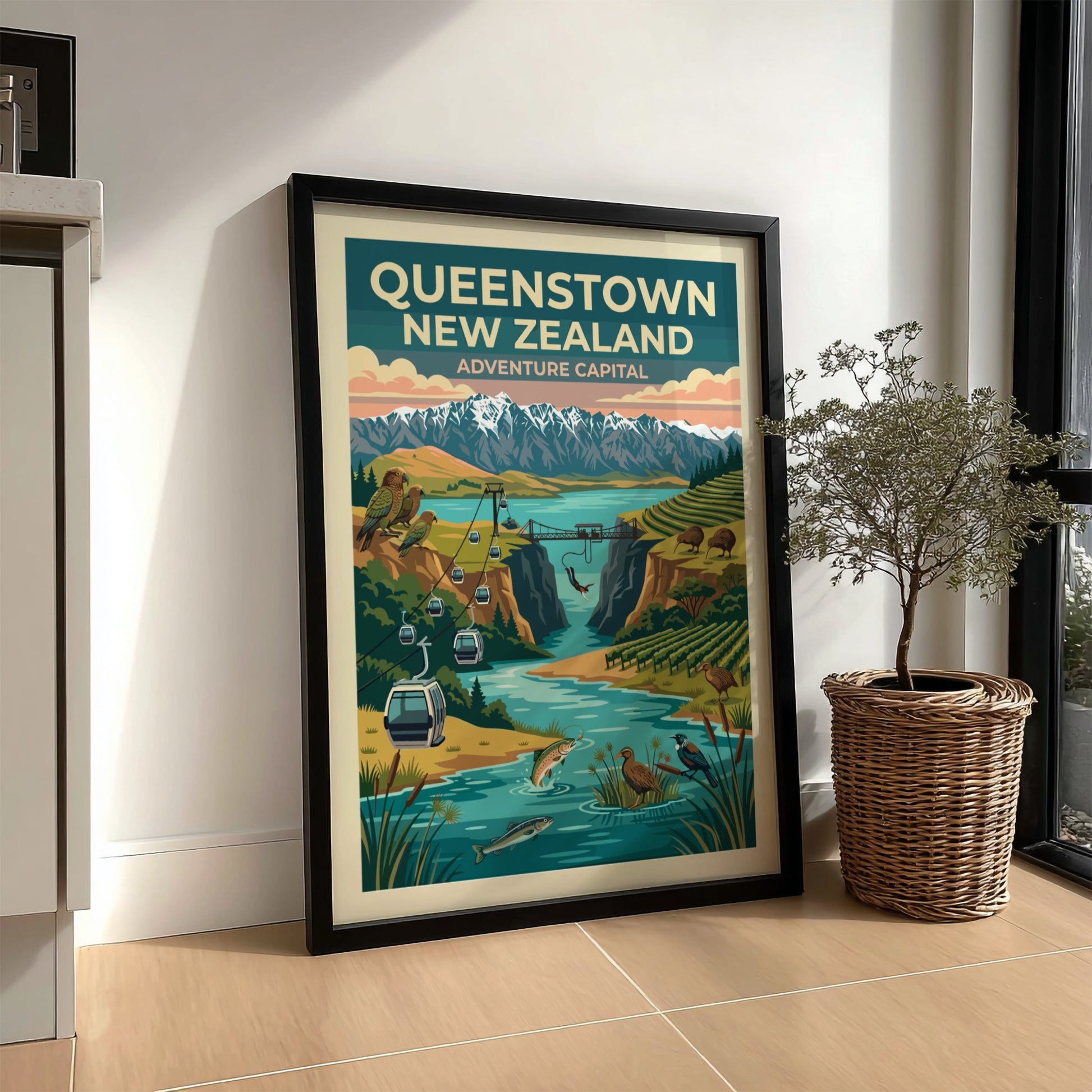 Queenstown New Zealand travel poster featuring mountains, a bungee jump, and native birds.