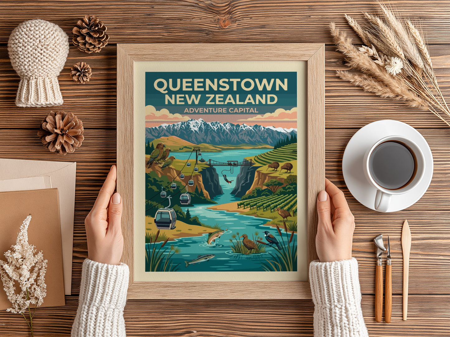 Queenstown New Zealand travel poster featuring mountains, a bungee jump, and native birds.