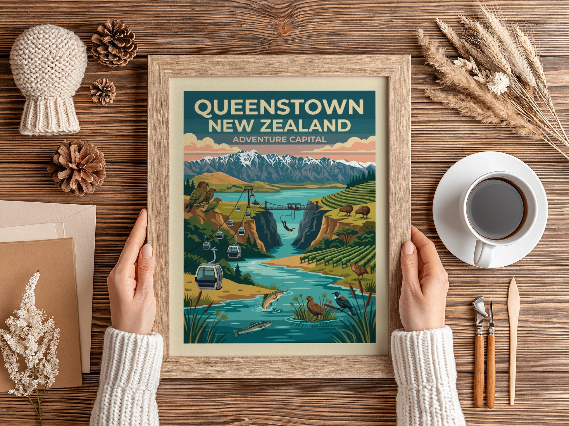 Queenstown New Zealand travel poster featuring mountains, a bungee jump, and native birds.