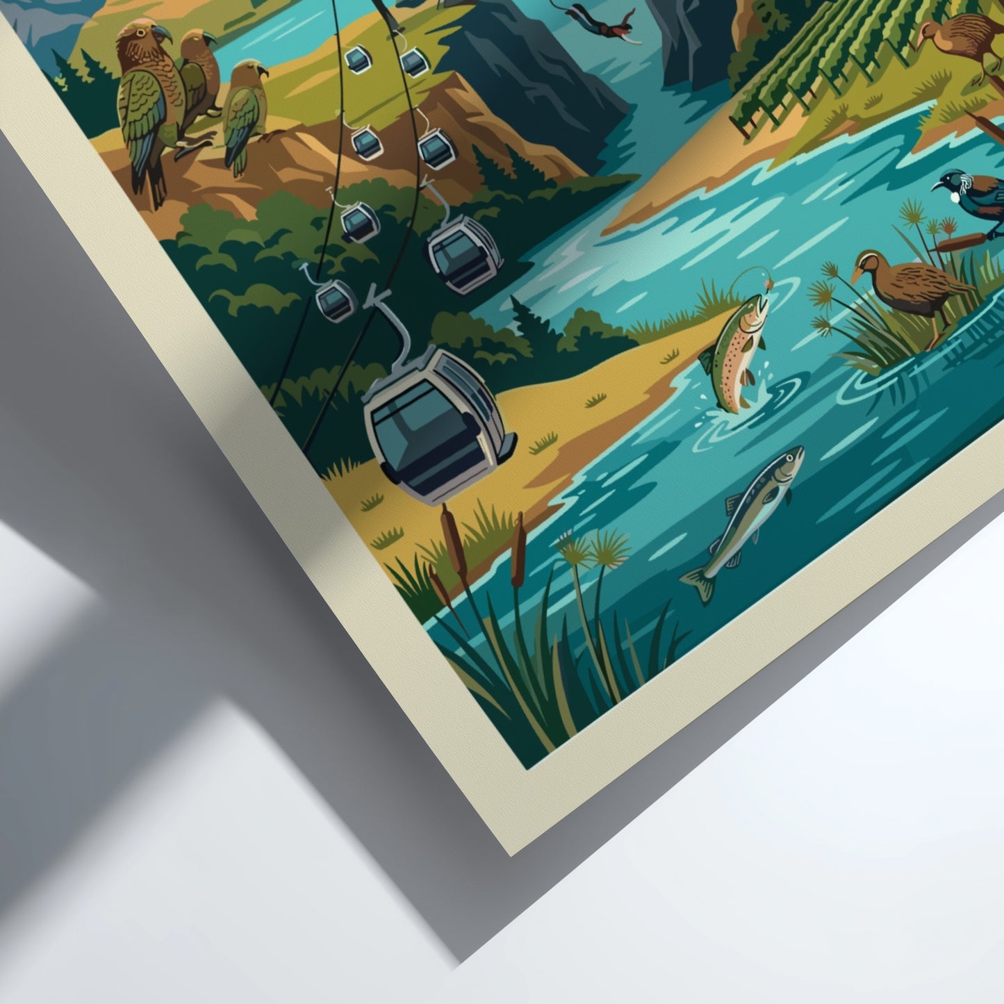 Queenstown New Zealand travel poster featuring mountains, a bungee jump, and native birds.