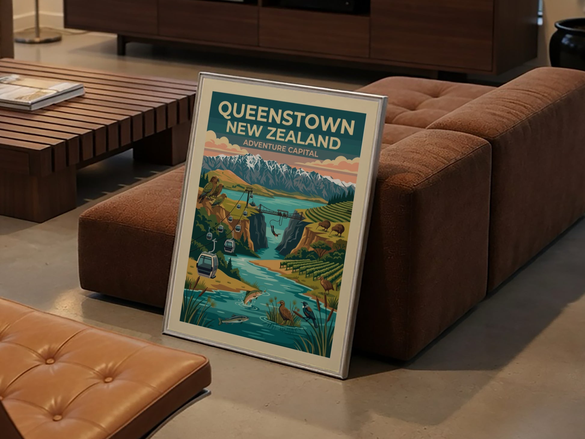 Queenstown New Zealand travel poster featuring mountains, a bungee jump, and native birds.