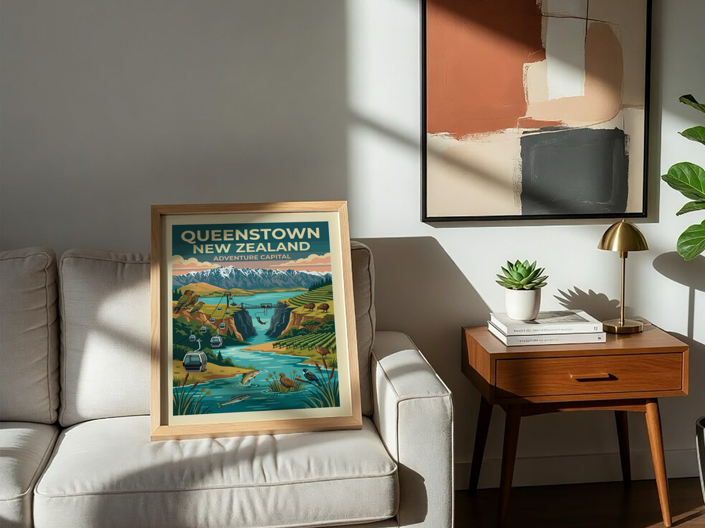 Queenstown New Zealand travel poster featuring mountains, a bungee jump, and native birds.